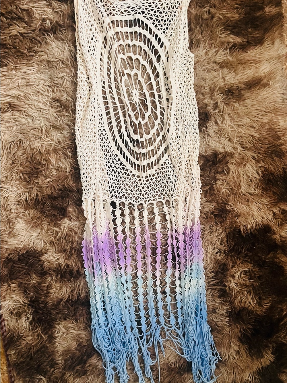 Charlotte Russe Cream Crochet Vest with Purple and Blue Ombre Fringe